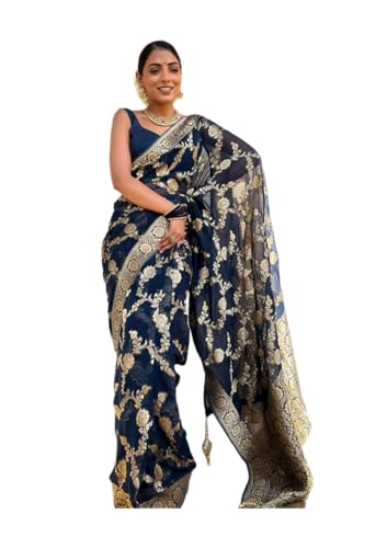 Sari pour femme en soie bleue Pujia Mills vêtement indien traditionnel Kanjivaram Zari