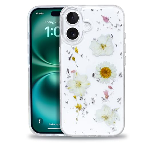 Enflamo iPhone 16 Case for Girls Clear Silicone Glitter Floral Back Cover with Pressed Dry Real Flowers (White)- Best and cheap mobile covers in India