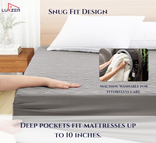 Image of Lukzer 100% Waterproof Quilted Mattress Protector Grey King Size 72 x 72 Inches (6 x 6 ft) Cotton-Feel Bed Protector Soft Noiseless Hypoallergenic Breathable Elastic Fitted Mattress Cover /Bed Cover