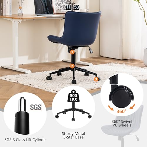 Image of YOUTASTE Navy Blue Office Chair, Faux Leather Armless Desk Chair with Wheels, Height Adjustable, Swivel, Rocking, 300 lbs Capacity, Metal Base, for Home Office Vanity, Purple