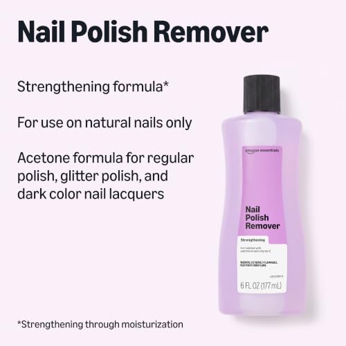 Image of Amazon Essentials Nail Polish Remover, Strengthening, Acetone-Based Formula, Formulated with Panthenol and Vitamin E, 6 Fl Oz