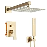 Concealed Shower System Wall Mounted, 2-Function Shower System with 8 Inch Square Rainfall Shower Head and Handheld Shower,Brushed Gold (20x20 cm)