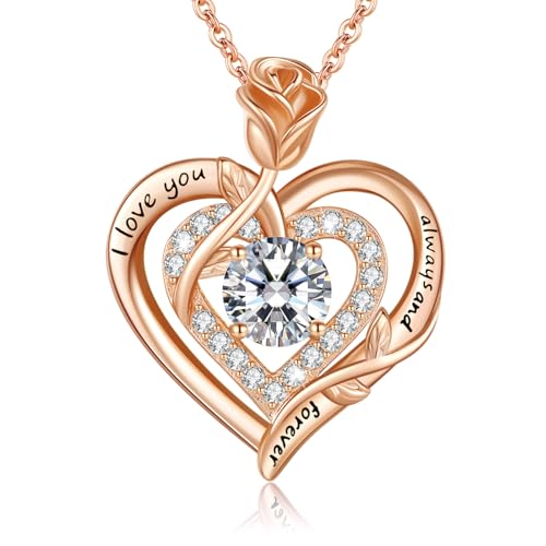 LAVUMO Moissanite Halskette Damen Silber 925 Echt,Moissanite Kette Damen Gold/Rosegold/Silber Doppel Herz Rose Anhänger Weihnachten Valentinstag Geburtstag Schmuck Geschenke für Frauen Freundin Mama
