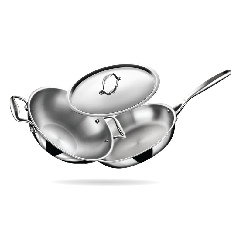 Stahl Artisan 3 Piece Triply Stainless Steel Cookware Set, Artisan Triply Kadhai 24cm + Artisan Triply Fry Pan 24cm with SS Pro Lid | Induction & Gas Compatible | Cookware Combo for Frying & Cooking