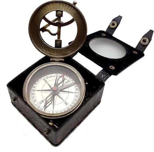 Compás de bolsillo de latón artesanal con reloj solar estilo steampunk y estuche de cuero, regalo pirata miniatura 3
