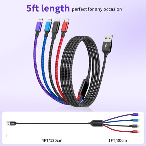Firsting Dual IP 4 in 1 Multi Charging Cable [1Pack 5FT], Nylon Phone Charger USB Cable, Travel Charging Cords with IP/IP/Type C/Micro Port, Compatible with Most Cell Phones/Tablets and More — view 5