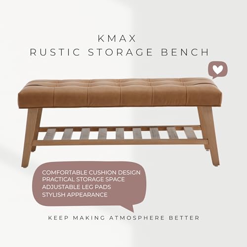 Kmax Entryway Bench with Shoe Storage, Leather Upholstered Wood Storage Bench for Living Room Window Bench with Storage for Bedroom End of Bed - PU, Brown