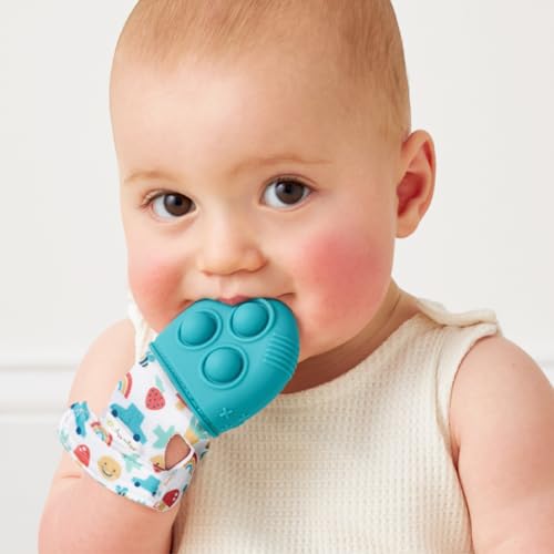 Image of Itzy Ritzy Silicone Teething Mitt - Soothing Infant Teething Mitten with Adjustable Strap, Crinkle Sound & Textured Silicone to Soothe Sore & Swollen Gums - for Ages 3 Months & Up (Teal)