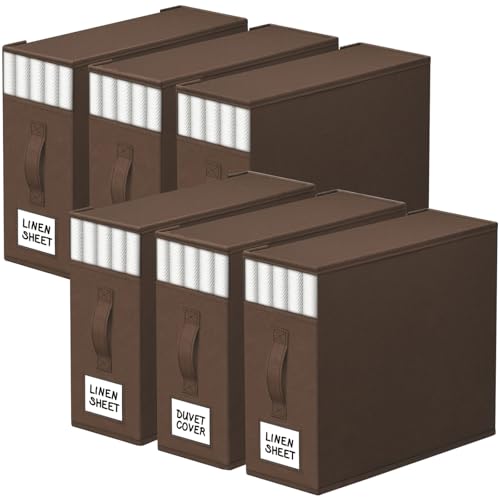 Image of StorageTastic 6 Pack Bed Sheet Closet Organizers and Storage,Sturdy Foldable Storage Containers with Window and Label,Storage and Organization for Bedding Sheets,Duvet Covers,Blankets (Brown)