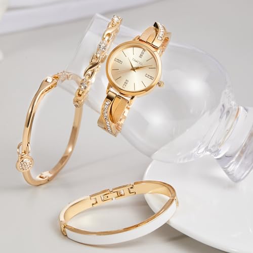 Womens-Bangle-Watch-and-Gold-Watch-Chain-Bracelets-Premium-Crystal-Accented-Bracelet-Set-W50888L