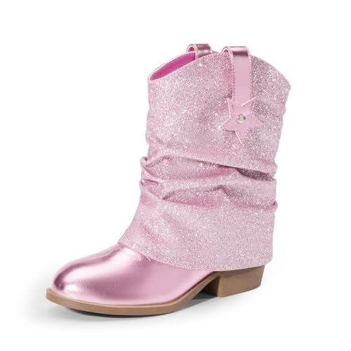 DREAM PAIRS Girls Cowboy Cowgirl Boots 2-in-1 Western Removable Cuff Fold Over Embroidered Fashion Mid Calf Shoes 2 Little Kid Pink