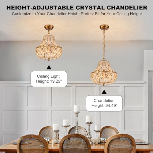Image of 4-Light Antique Gold Gourd Beaded Chandelier, 13 inch Vintage Crystal Pendant Lighting Fixture for Dining Room, Living Room, Kitchen Island, Bedroom
