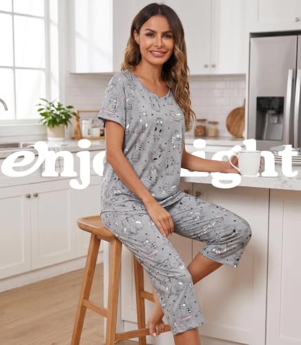 Image of ENJOYNIGHT Womens Pajama Sets Cotton Pj Set Short Sleeve Top With Capri Pants Sleepwear 2 Piece Lounge Set