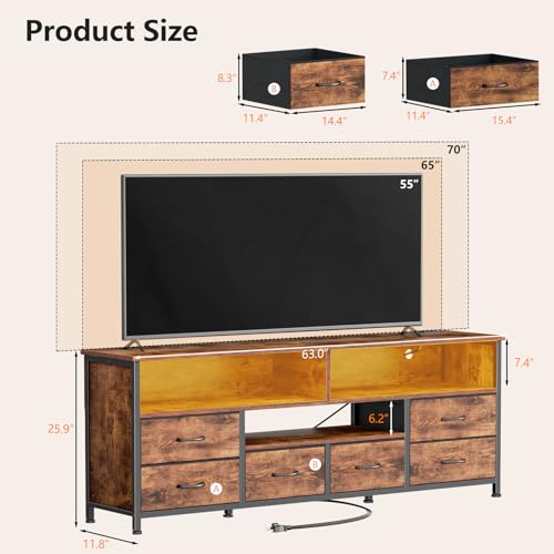 Image of Furologee TV Stand for Bedroom, 63 Inch Entertainment Center for 65 70 Inch TVs, 6 Drawers Dresser with Power Outlets and LED Lights, Media Console for Living Room, Rustic Brown