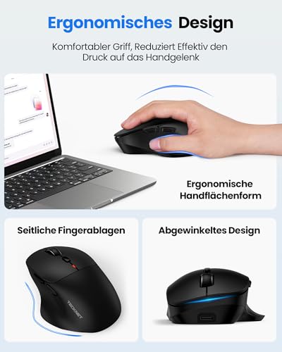 TECKNET Bluetooth Maus Wiederaufladbar, Maus Kabellos (Tri-Modi: BT5.0/3.0 + 2.4G) mit Ergonomische Daumenauflage, 4800 DPI Computer Leise Funkmaus für Laptop, PC, Mac OS, Android, Windows 2