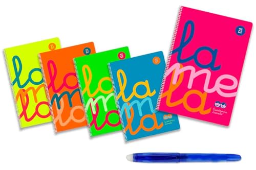 PAPELIVI Lote 5 Cuadernos Lamela Polipropileno Flúor Cuadrovia Tamaño FOLIO Fº 80 Hojas Cuadros 2,5 mm 7FTP002S + Bolígrafo Borrable