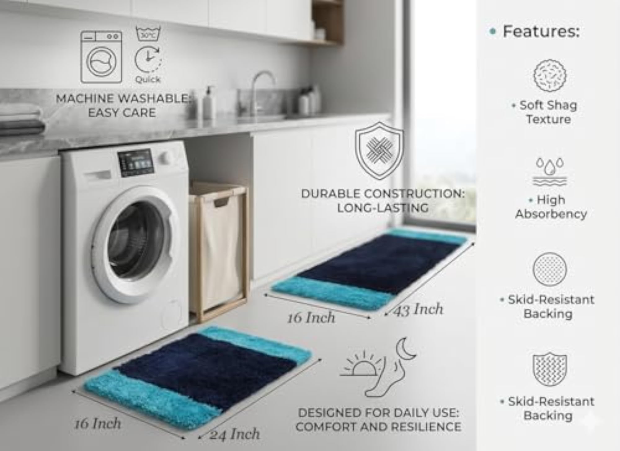 Premium 100% Cotton Kitchen Mat Set, Soft & Absorbent