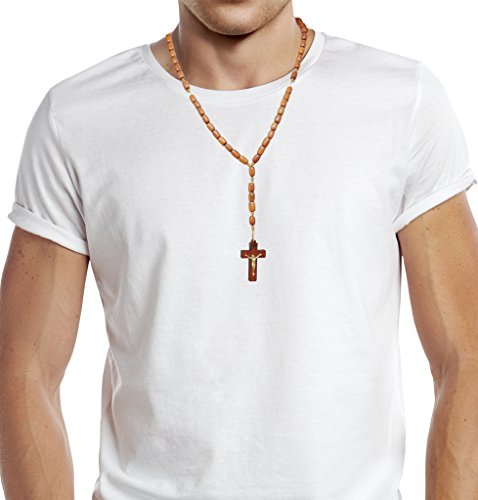 Catholica Shop Catholic Religious Wear I Handmade Wood Rosary Cross I Crucifix Cross Necklace For Men & Women I Made In Brazil - 17 Inch (Jatoba/Beige Cord) #TOP2