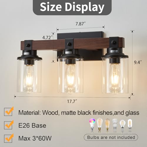 Image of Farmhouse Wood Vanity Light for Bathroom, 3-Light Bathroom Light Fixtures Over Mirror, Rustic Wall Sconces Lighting with Metal Lampshade for Bathroom, Bedroom, Hallway