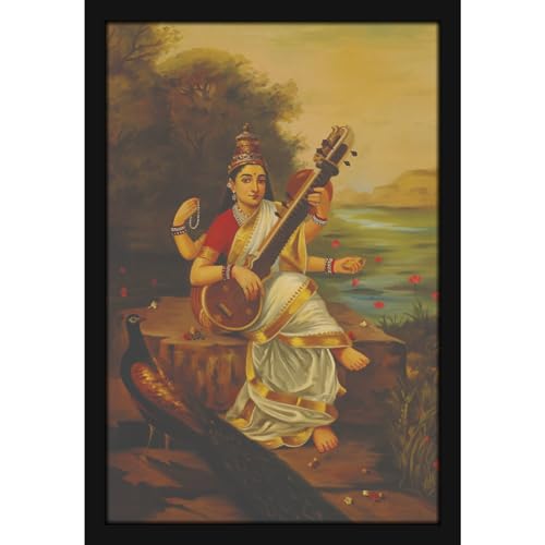 Image of Mad Masters Mata Saraswati Devi Goddess of Knowledge Painting Photo Frame for Living Room, Bedroom, Home Decor and Wall Decoration (MM 1630, 45.7L x 30.5W cm, Canvas, With Plexi Glass)