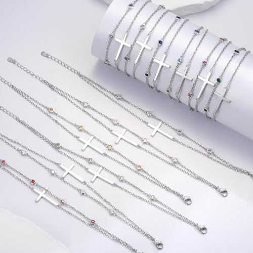 Sterling Silver Cross Birthstone Bracelet: Women Cross Month Stone Double Layer Chain Bracelet Birthday Gift3