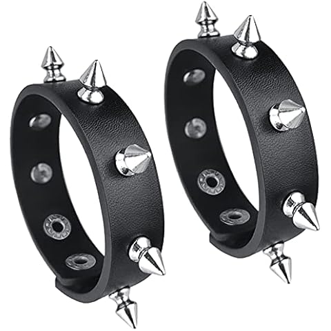 maikun 2 Pieces Punk Leather Bracelet, Metal Studded Black Wristband for Halloween Cosplay Cover