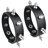 maikun 2 Pieces Punk Leather Bracelet, Metal Studded Black Wristband for Halloween Cosplay