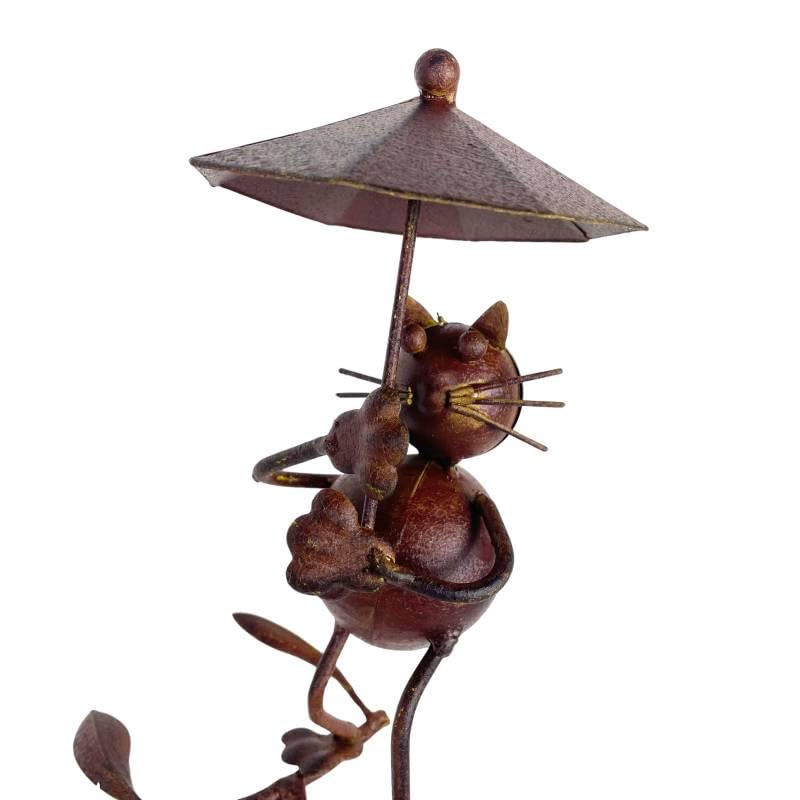 Pluviomètre à Piquer Tuteur Plante Décoration de Jardin Motif Chat et Souris en Métal Patiné Marron et Tube en Verre 17x33x119cm