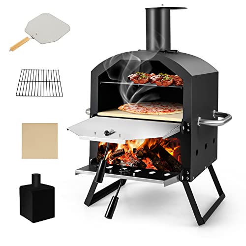 GYMAX Mini Four à Pizza d’Extérieur, Jambes Pliantes et Poignées Portables, Fours à Pizza au Bois avec Pierre à Pizza, Pelle à Pizza, Ventilateurs Ajustables & Couvercle Imperméable