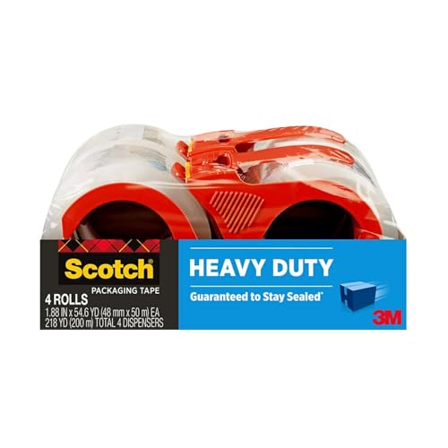 Scotch Heavy Duty Shipping Packing Tape, Clear, Shipping and Packaging Supplies, 1.88 in. x 54.6 yd., 4 Tape Rolls with 4 Dispensers (Pack of 6)