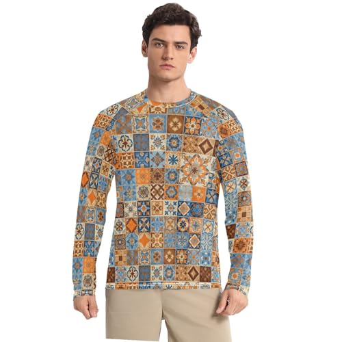 Camiseta de manga larga con estampado abstracto multicolor de azulejos UPF 50+, cuello redondo, holgada, para hombre, protección solar de manga larga para playa, Patrón abstracto multicolor de