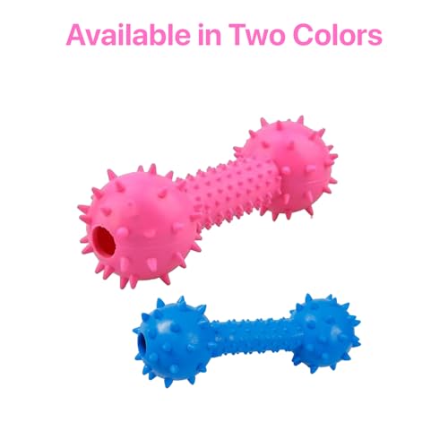 Image of Durable Chew Toy Dumbbell for Dogs and Cats - Durable Soft Natural Rubber Squeaky Spiky Dumbbell |Dental Teething Cleaning Chew Toy(Pink)
