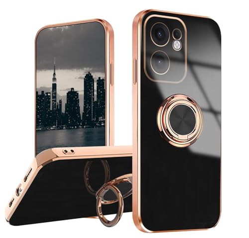 Hlgcokro for Oppo Reno 13F Case with Magnetic Stand, Phone Case for Oppo Reno 13F Silicone with Ring Holder Shockproof Slim Thin Luxury Plating Bumper Cover (Black)