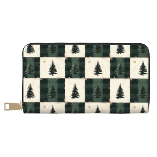 Leather Thin Slim Wallets for Women & Men - Green Christmas Tree Plaid Print Card Wallet Holder with Zipper