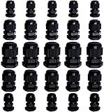 Cable Glands - 25 Pack Plastic Waterproof 3.5-13mm Nylon Cable Glands Joints Wire Protectors, PG 7/9/11/13.5/16, for Home/Garden/Outdoor Lighting Cable Black