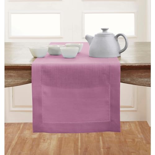 Solino Home Linen Violet Table Runner 90 Inches Long - 100% Pure Linen Hemstitch 14 X 90 Inch Table Runner For Dining, Halloween - Classic Hemstitch