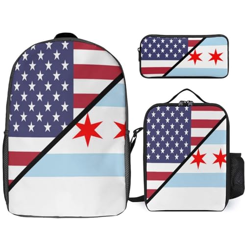 U.S. And Chicagos Flag Classic Backpack Lunch Bag Pencil Case 3 Piece Set Travel Daypack