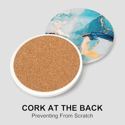 Image of 6 Pcs Light Blue Abstract Wood Coasters with Iron /Metal Holder Best Round Drink Coaster for Desk Lounge Coasters Coffee Wine Coasters Beverage Bar