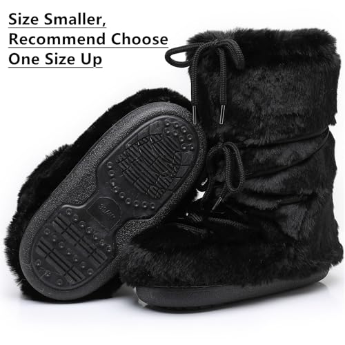 Black White Fur Boots, Furry Fuzzy Snow Boots for Women with Faux Fur Lined Non-Slip Lace-up Mid-Calf Ski Boots 20254