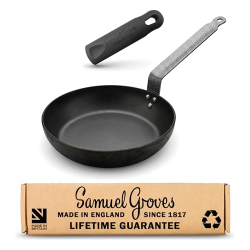 Samuel Groves 26cm Professional Seasoned Carbon Steel Omelette Pan 3mm + Silicone Ergonomic Handle - Heavy Duty, Induction Compatible, Oven Safe, Chef Egg Pan - UK Made, Oldest UK Cookware Company