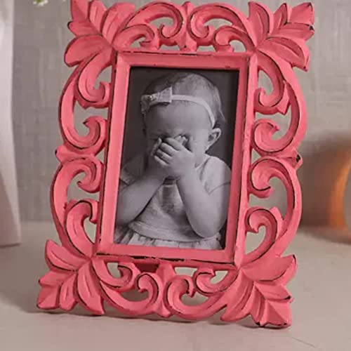Image of Wooden Hand Carved Photo Frame for Wall Mounted and Tabletops Display - 5 x 7 Picture Frame - Wood Carving Decorative Home Wall Decor Accessories Distressed Finish (Pink)