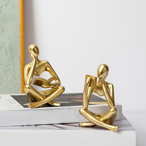 Prettidecor Reading Thinker Statue, Sculptures Abstract Art Ornament, Modern Aesthetic Figurine Decoration Set of 2 Status for Home Living Room Bedroom Office Shelf Table Desk Bookshelf Decor (Gold)