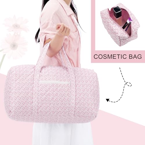 2 Pack Floral Travel Duffel Bag Large Quilted Travel Duffle Bag and Pink Floral Makeup Pouch Portable Gym Lightweight Weekender Organizer with Zipper Pockets Grocery Pouch for Women4