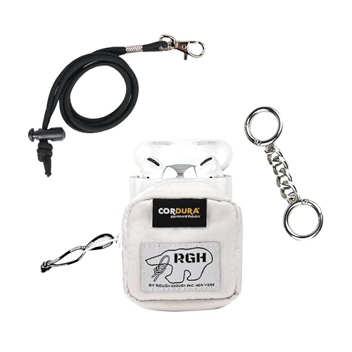 Rough Enough Earbud Case Pouch Headphone Storage Bag with Lanyard Neck Keychain for Earphone Earbuds Wireless Bluetooth White