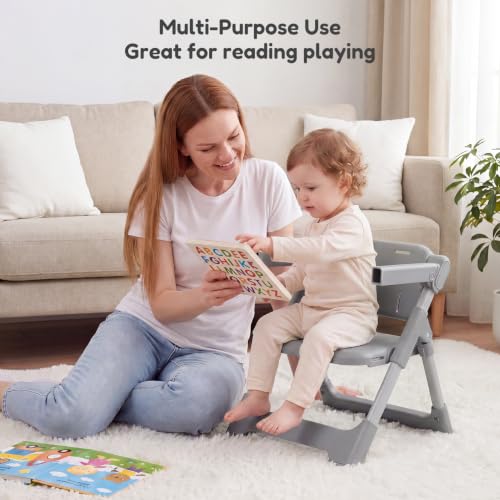 Image of Baby High Chair Booster Seat: Portable Booster Seat for Kitchen s Dining Chair Foldable Highchair - Travel Size Tool-Free Setup Adjustable Tray (Grey)