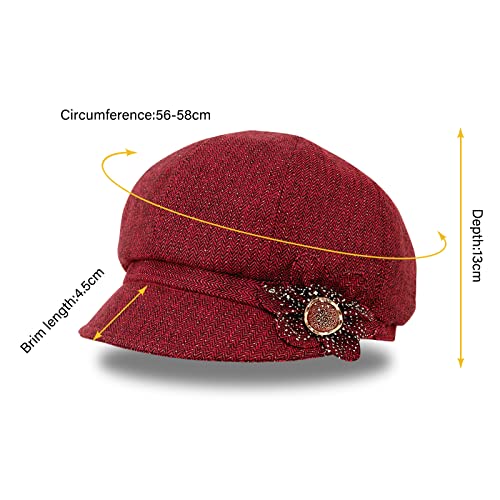 Colorsun Women's Classic Retro Visor Newsboy Cabbie Beret Flower Buckle Woman Cap, 1Red Wine, One Size #TOP1