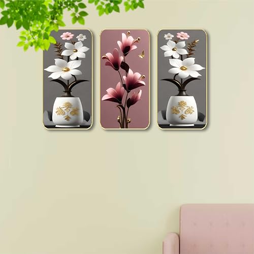 Image of SAF Floral Vase Wall Painting - 3 Panel MDF Board Artwork with Golden Frame | Elegant White & Pink Flowers in Decorative Vases | Modern Wall Decor for Living Room, Bedroom & Home (20 X 35 Inch) SG-57