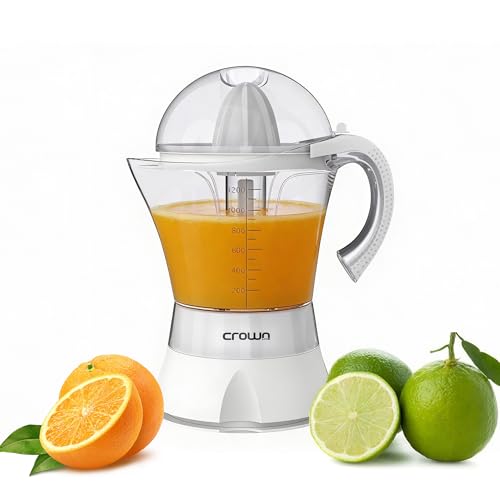 Crownline CJ-442 Electric Citrus Juicer 1.2L Capacity Dual Cone System with Pulp Control 30W Fresh Juice Maker White and Clear