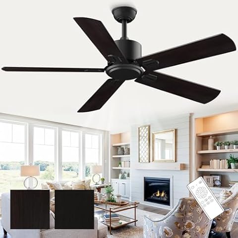 CLUGOJ Ceiling Fan with Remote, 52-inch Outdoor/Indoor Black Fan No Light with Reversible DC Motor 6 Speed with Timer, 5 Blades Fan for Patio Bedroom Living Room，01 Cover