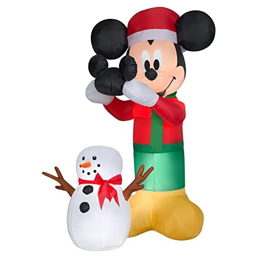 Gemmy Animated Airblown Inflatable Mickey Putting Hat on Snowman Scene Disney, 6 ft Tall